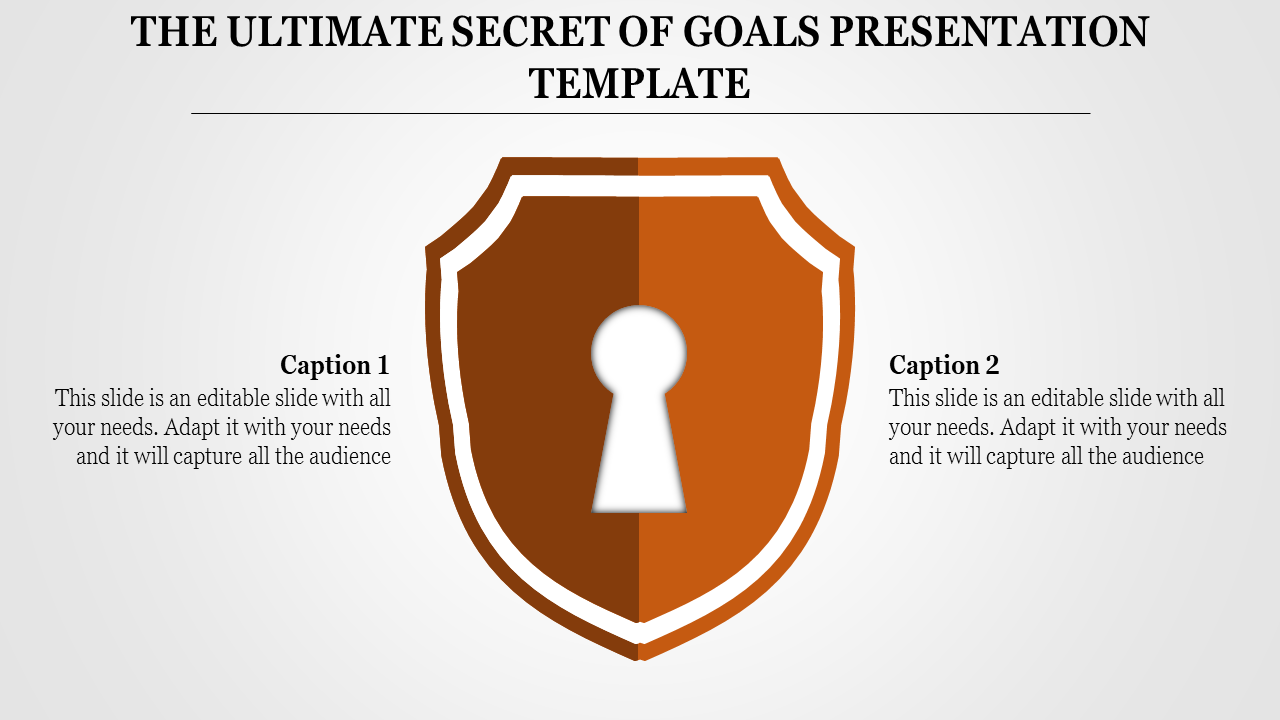 Goals presentation template with a shield icon featuring a keyhole and two captions.