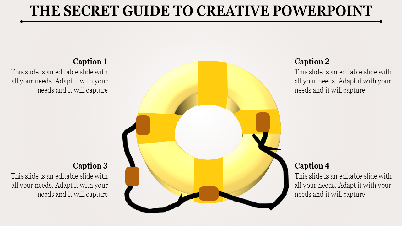 A PowerPoint slide with a yellow lifebuoy graphic and four captions, each with placeholder text.