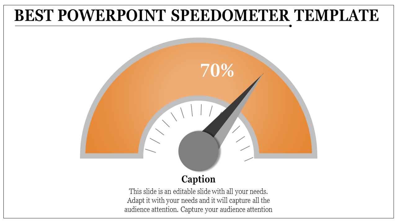 Orange speedometer slide with a gauge showing 70% progress and space for caption text below.