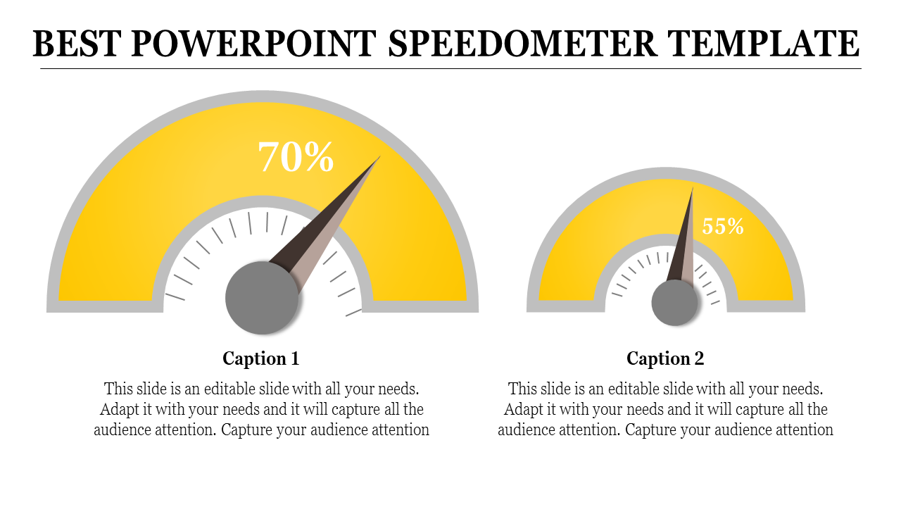 Yellow speedometer design with two semicircular gauges displaying percentages, each paired with captions.