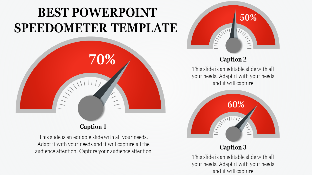 Three red speedometers template showing progress percentages of 70, 60, and 50, accompanied by captions.