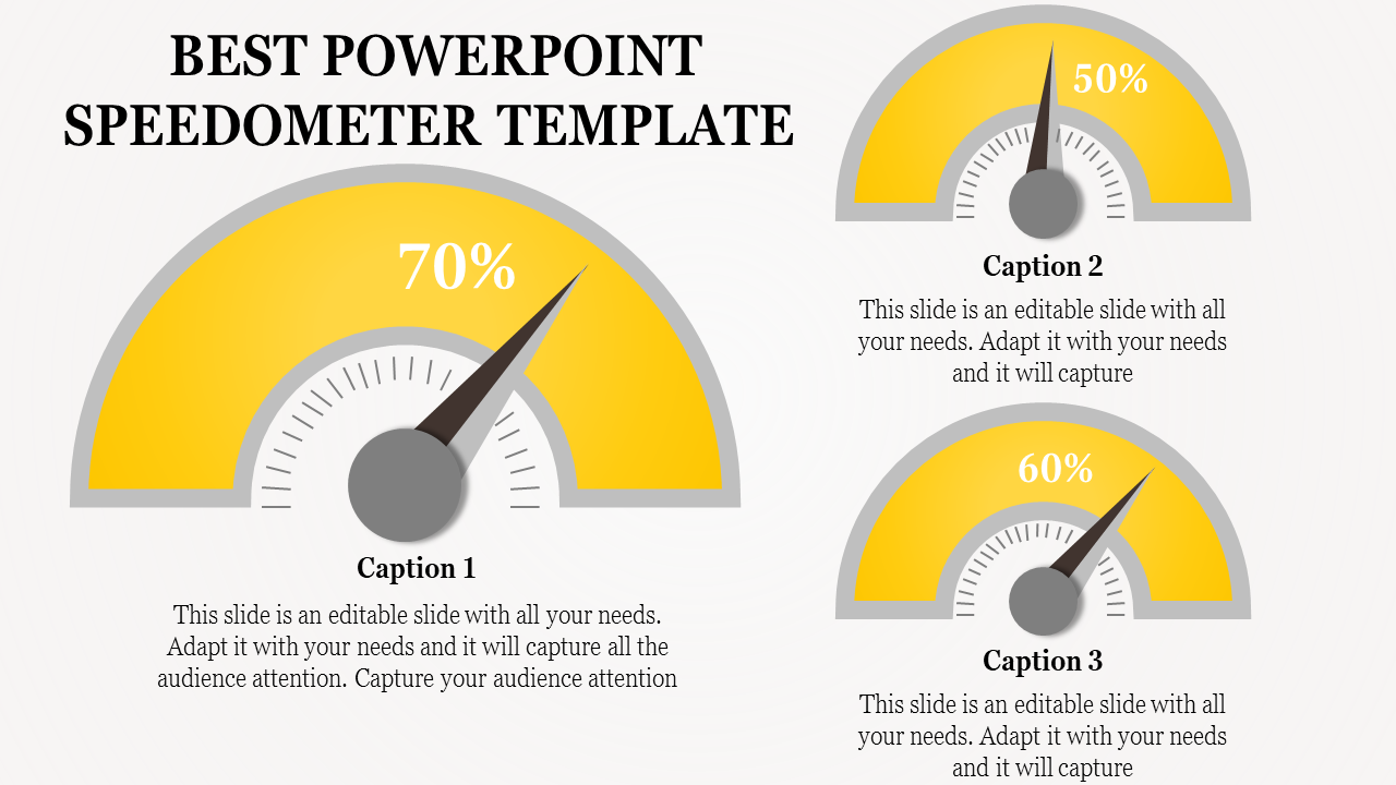 Speedometer PowerPoint template with yellow background showing a 70 percent reading, along with 50 and 60 percent gauges.