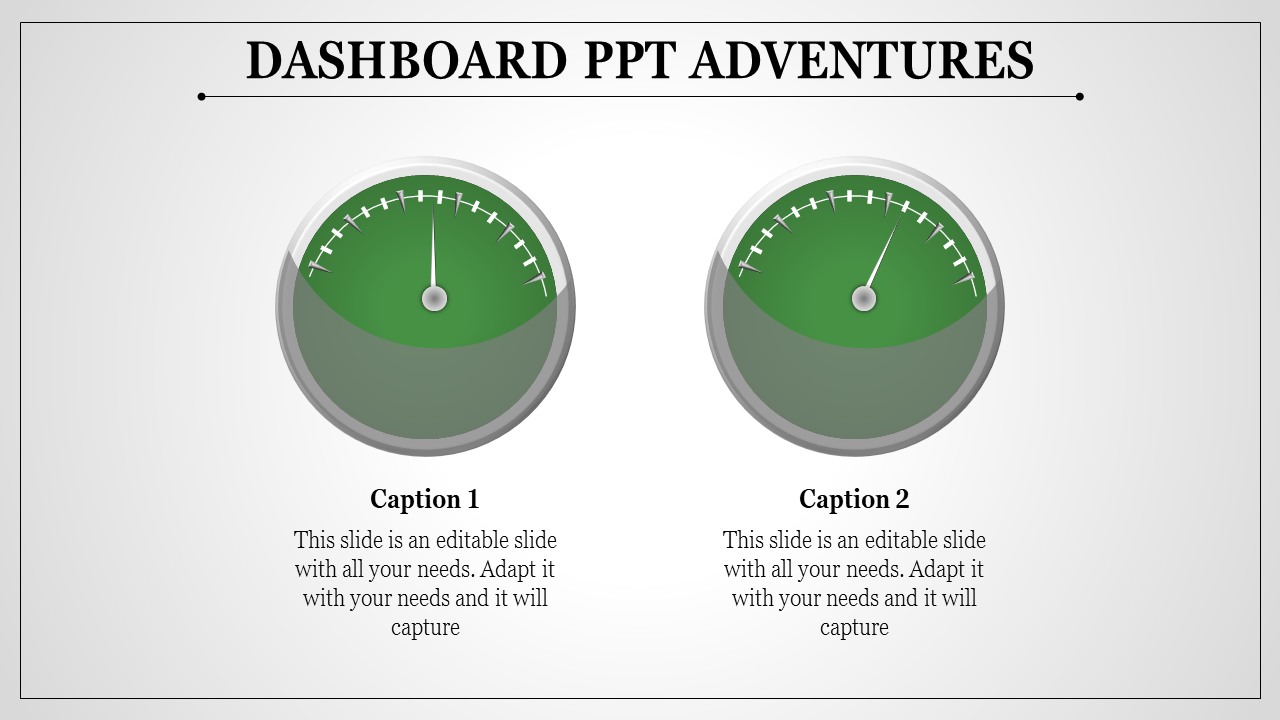 Dashboard slide with two green gauge meters, each labeled with a caption and text below.