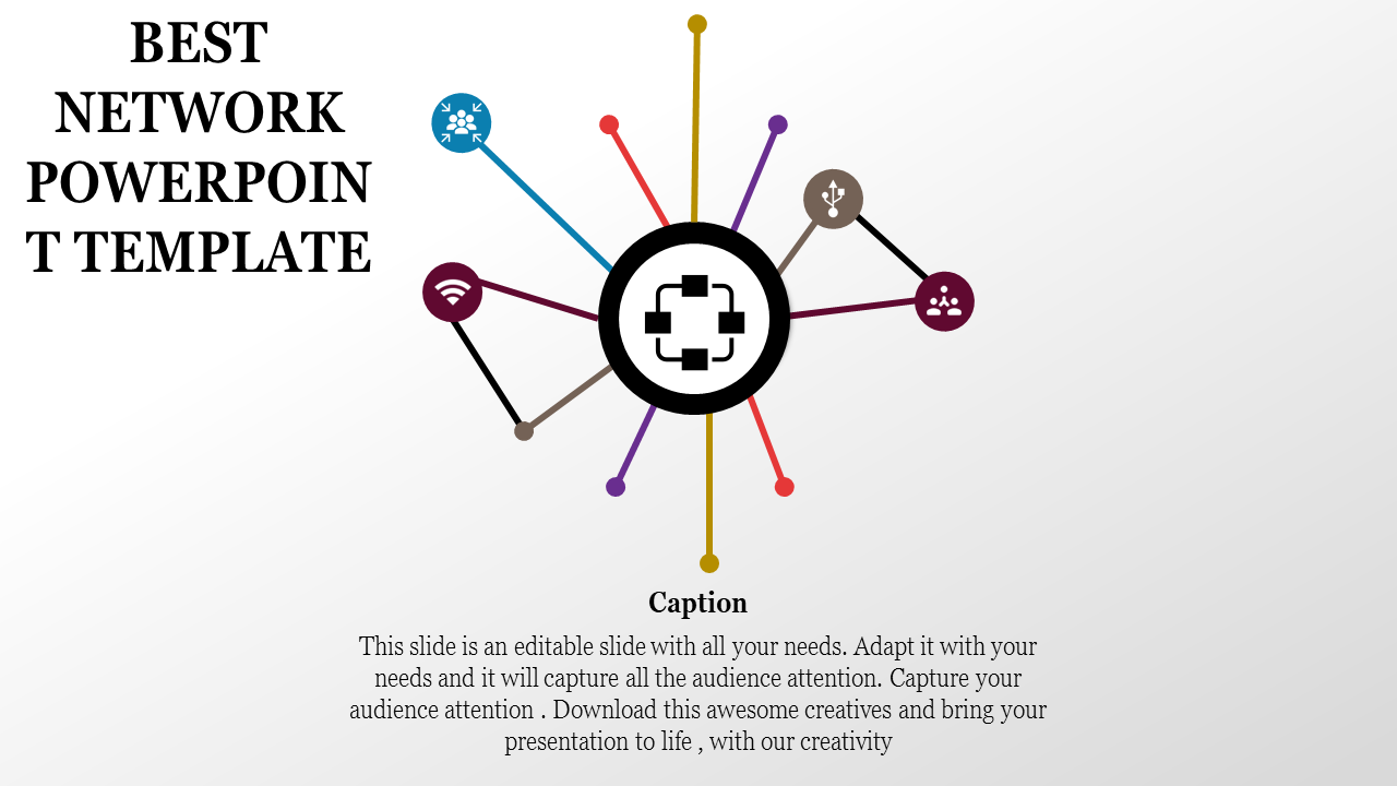 Network PowerPoint template with a central node and connections, representing various network components with captions.