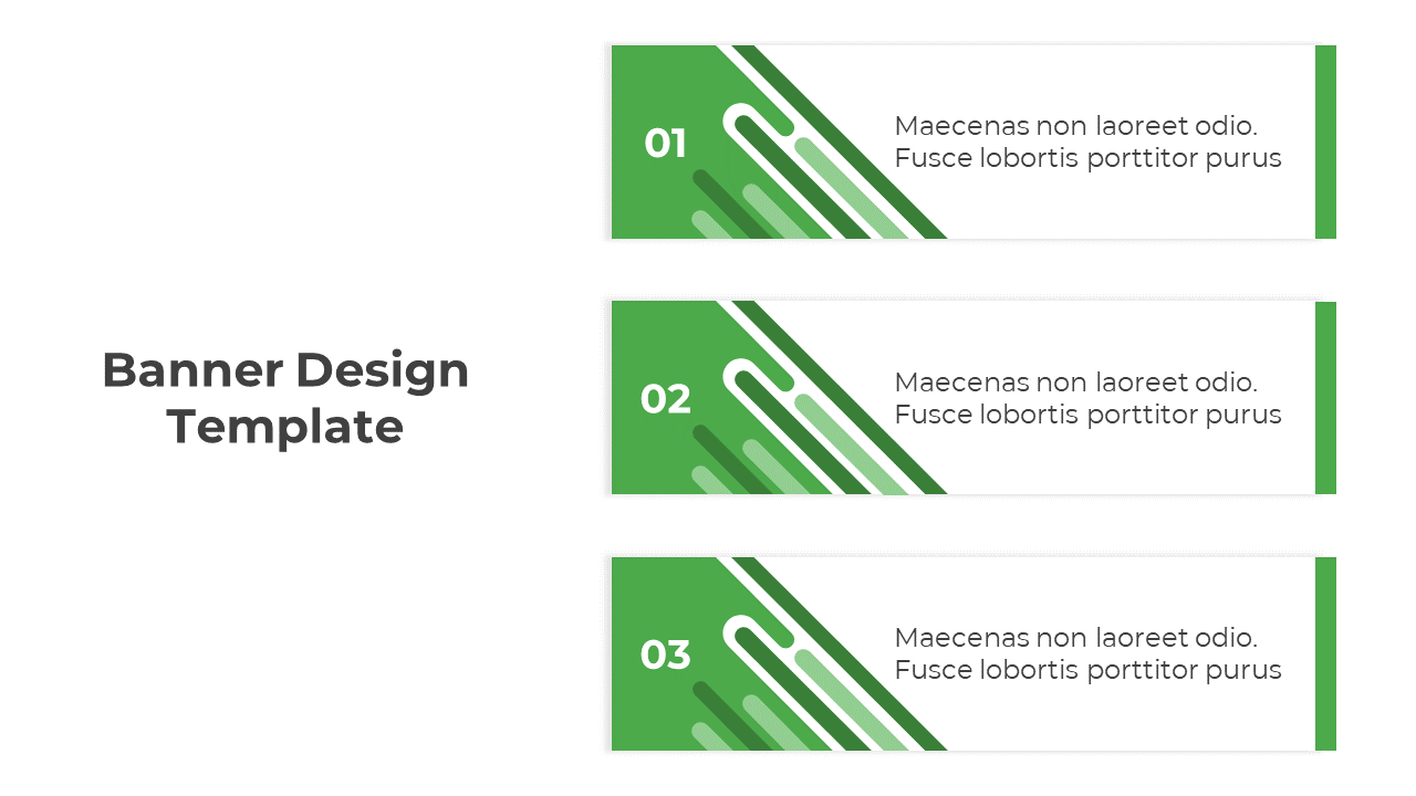 Banner design template with three green banners labeled 01, 02, and 03, each with placeholder text.