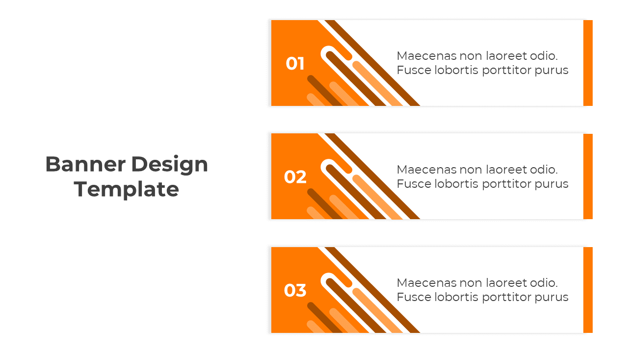 Orange banner design template with three numbered sections featuring abstract patterns and placeholder text.