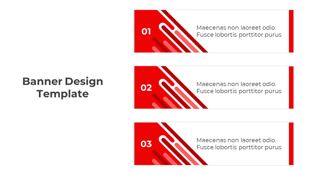 Three horizontal red banners with abstract white designs, numbered 01 to 03, and placeholder text on the right.