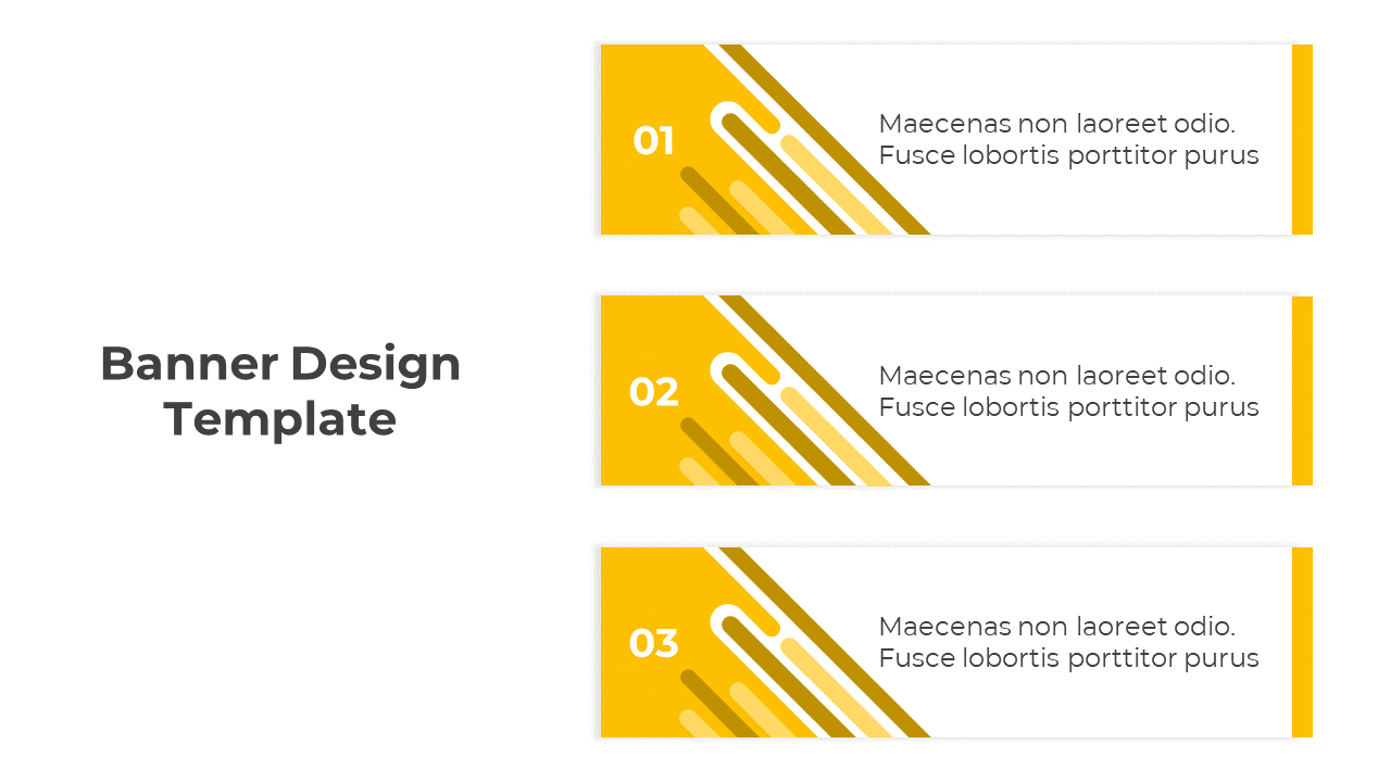 Banner design template showcasing three numbered yellow banners with placeholder text and a modern graphic pattern.