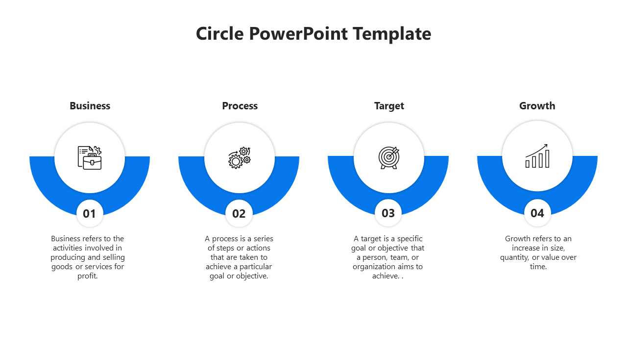 Circle PowerPoint template showcasing four steps Business, Process, Target, and Growth with blue semi circular visuals.