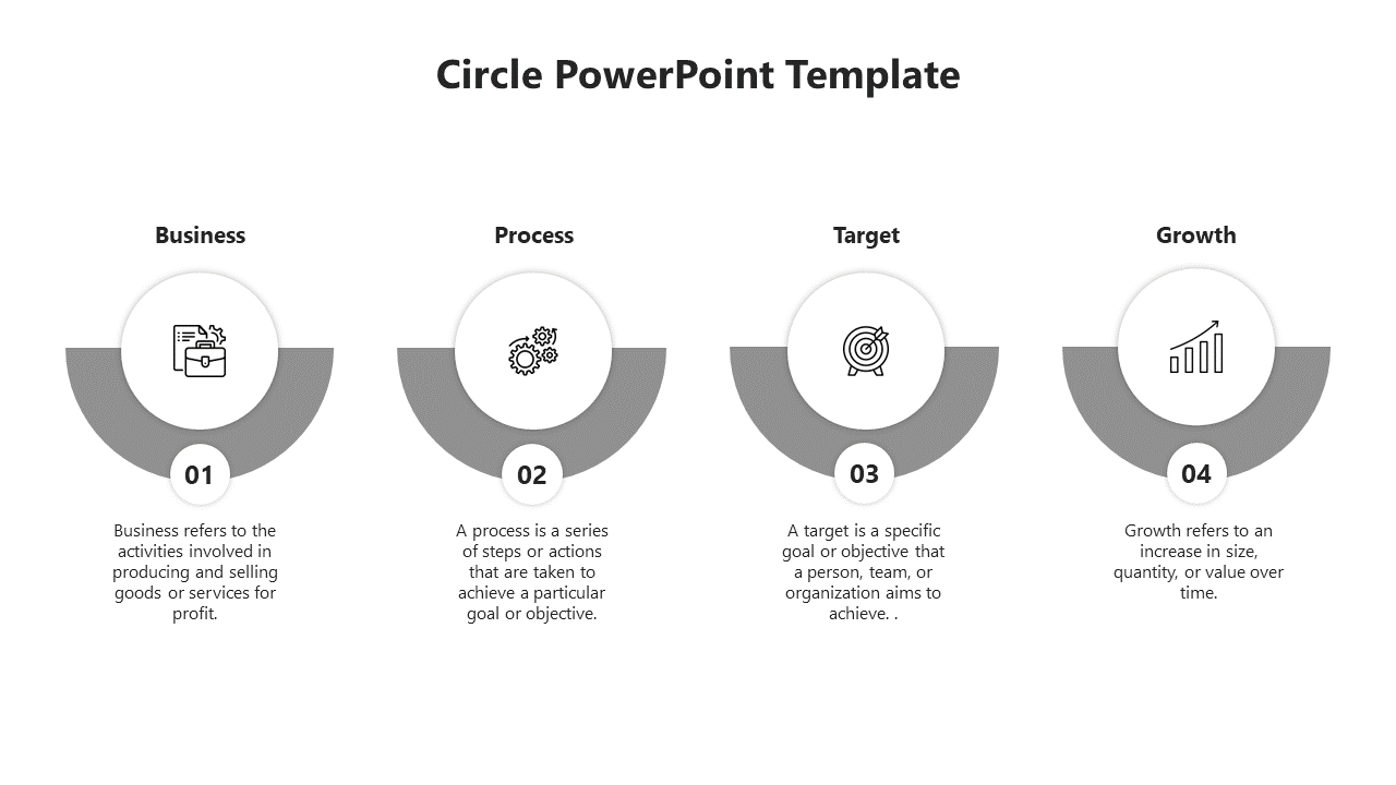 Grey circle PowerPoint template with four sections labeled Business, Process, Target, and Growth, each with icons.