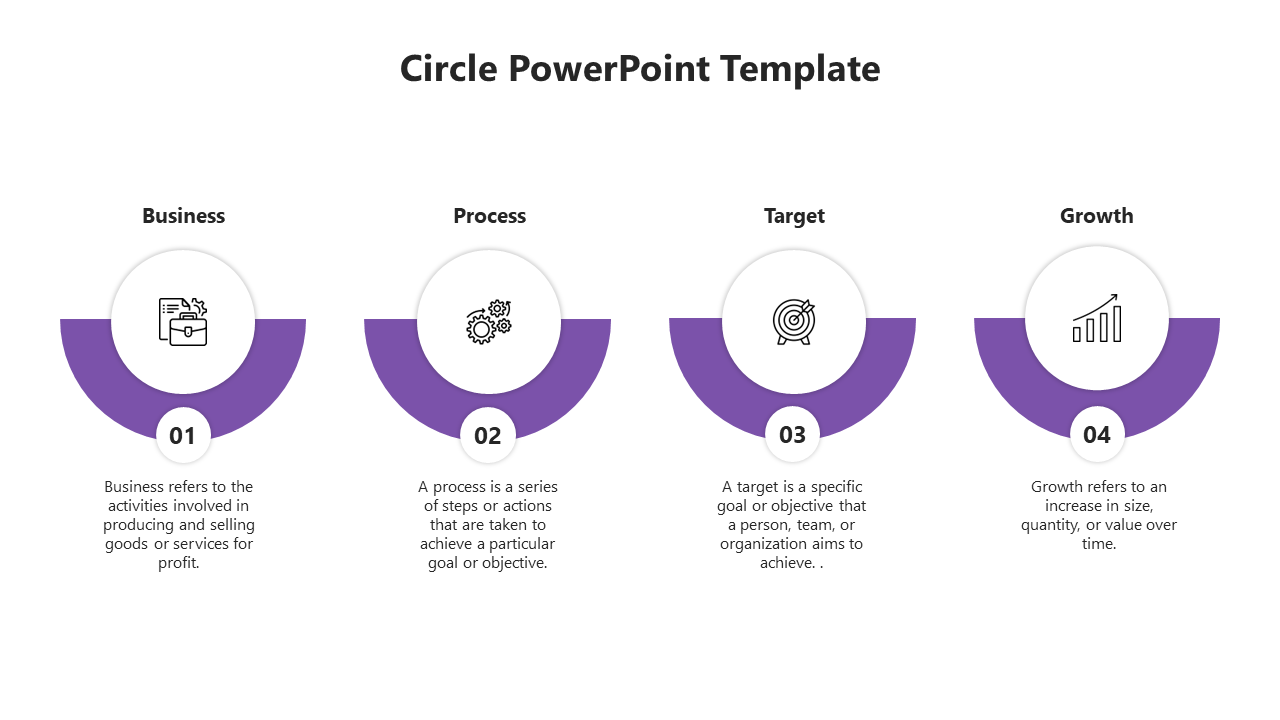 Four purple semicircles, each featuring an icon, text, and numbers 01 to 04, illustrating different topics.