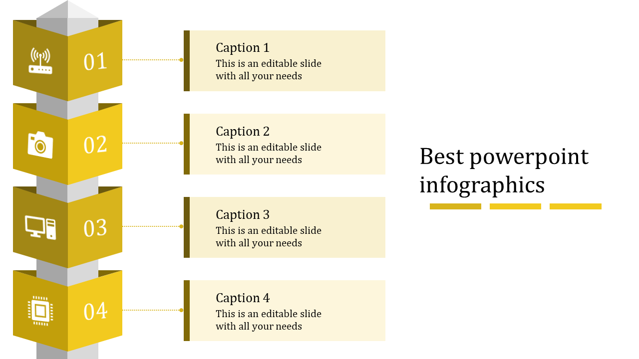 A best infographic PowerPoint slide with four numbered steps, each with a yellow icon and a caption.