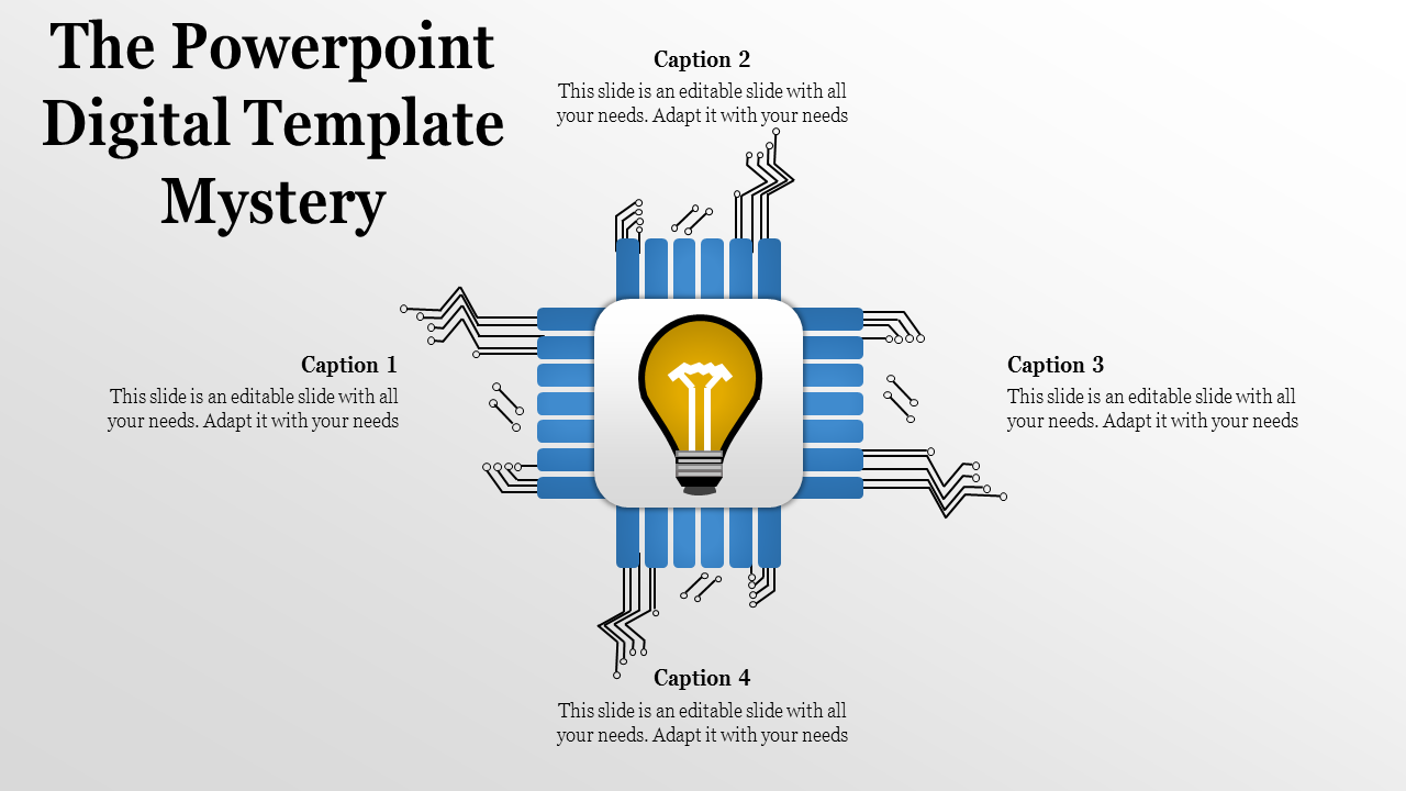 Central light bulb icon surrounded by blue circuit like graphics, with four captions, on a white background.