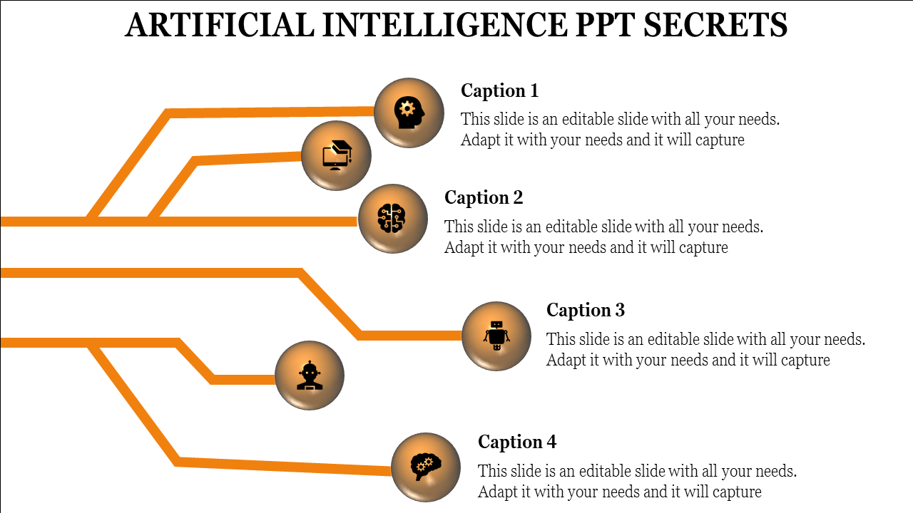 AI presentation layout with six circular icons with captions, connected by orange lines on white background.