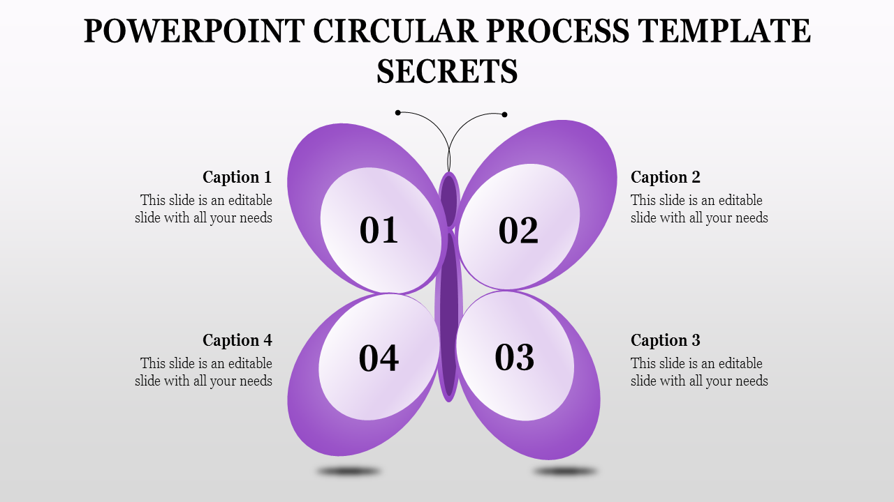 Creative purple butterfly themed PowerPoint template with numbered circular sections labeled from 01 to 04 and captions.