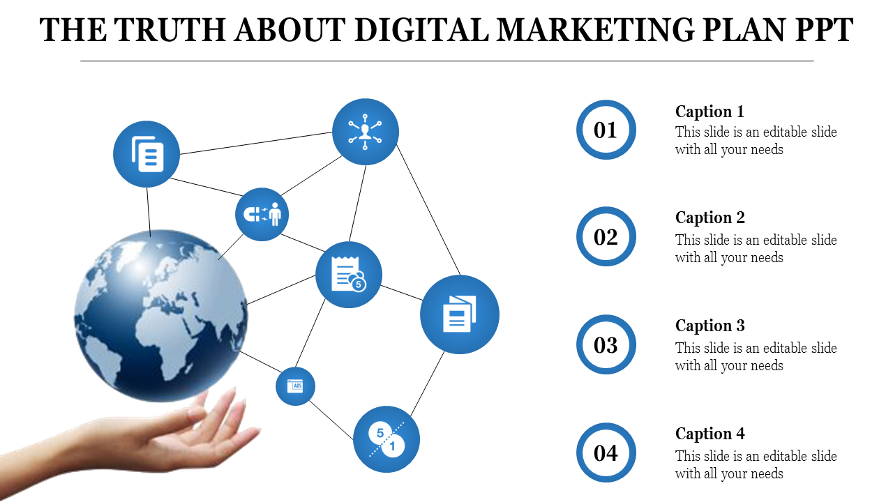 Digital marketing slide showing a globe held by a hand, with blue networked icons and four numbered captions on the side.