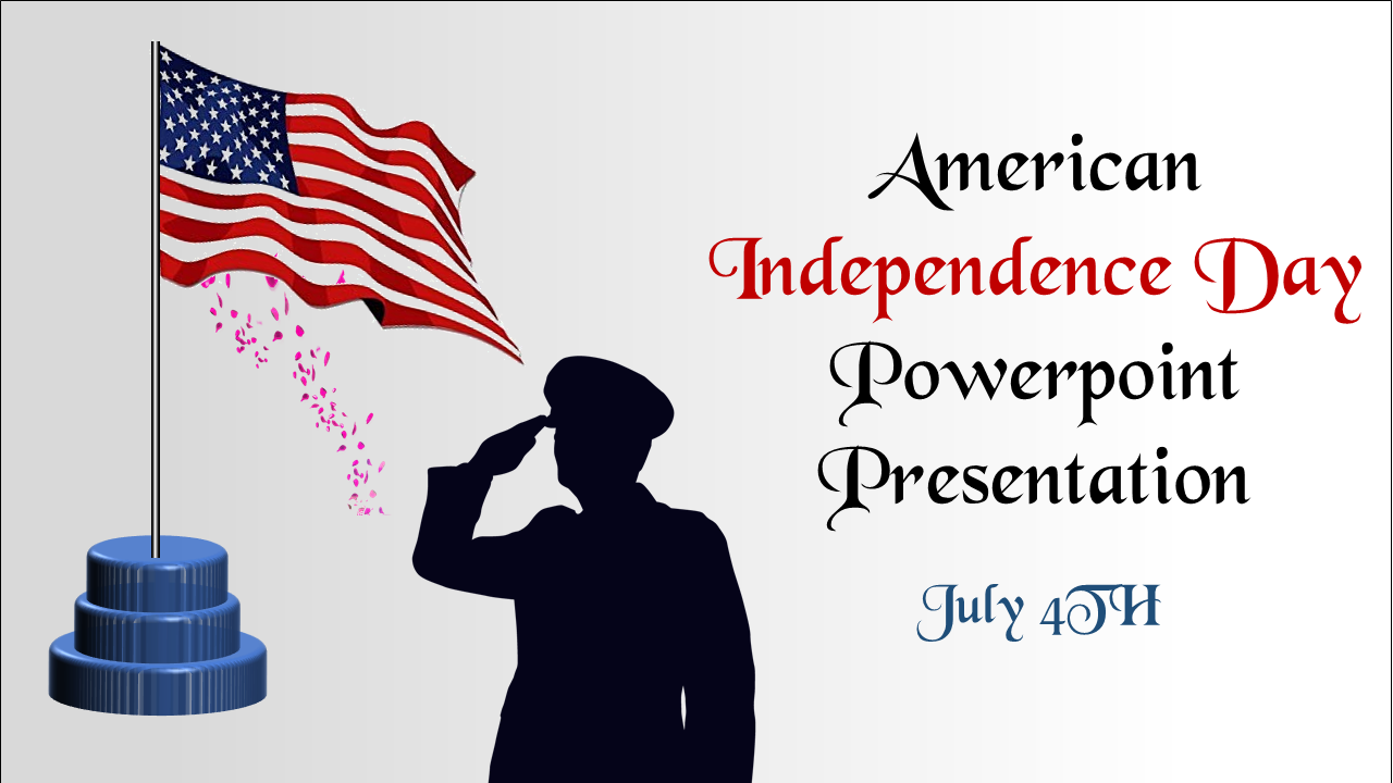 Silhouette of a soldier saluting with an American flag waving, with title and date in stylized fonts, celebrating on July 4.