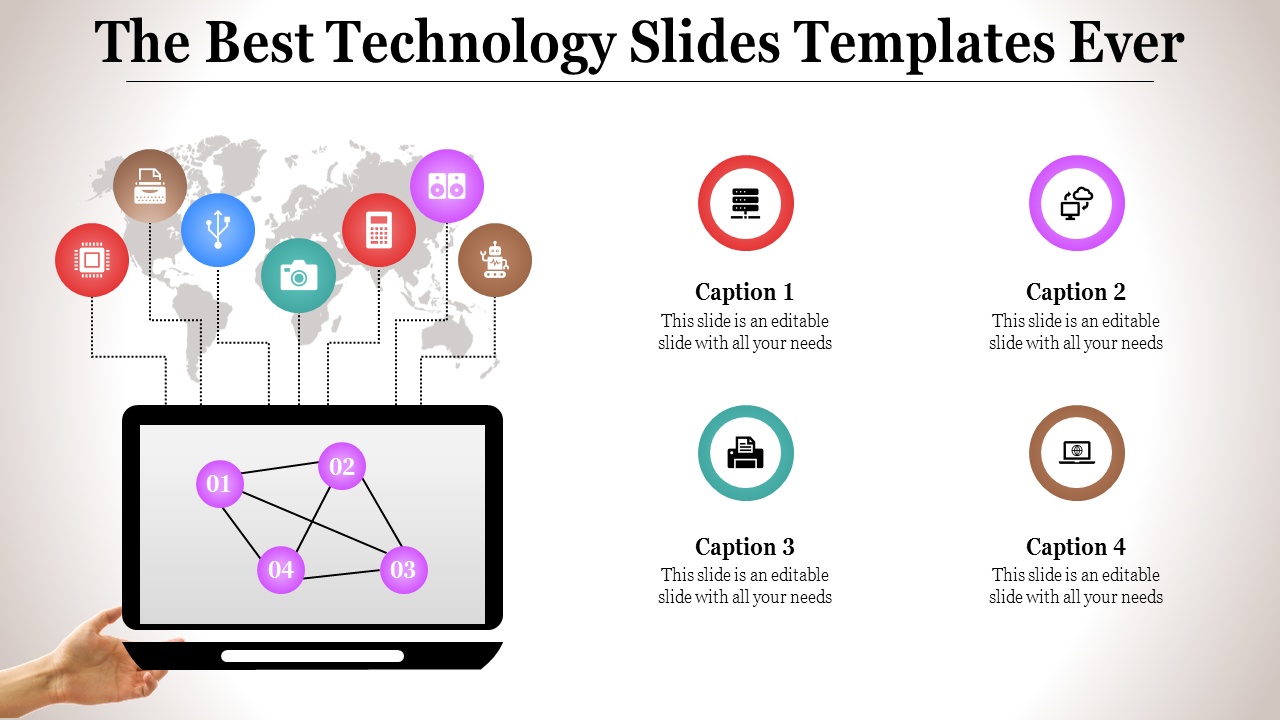 Technology themed PPT slide with a laptop illustration, global connections, and colorful icons with captions.