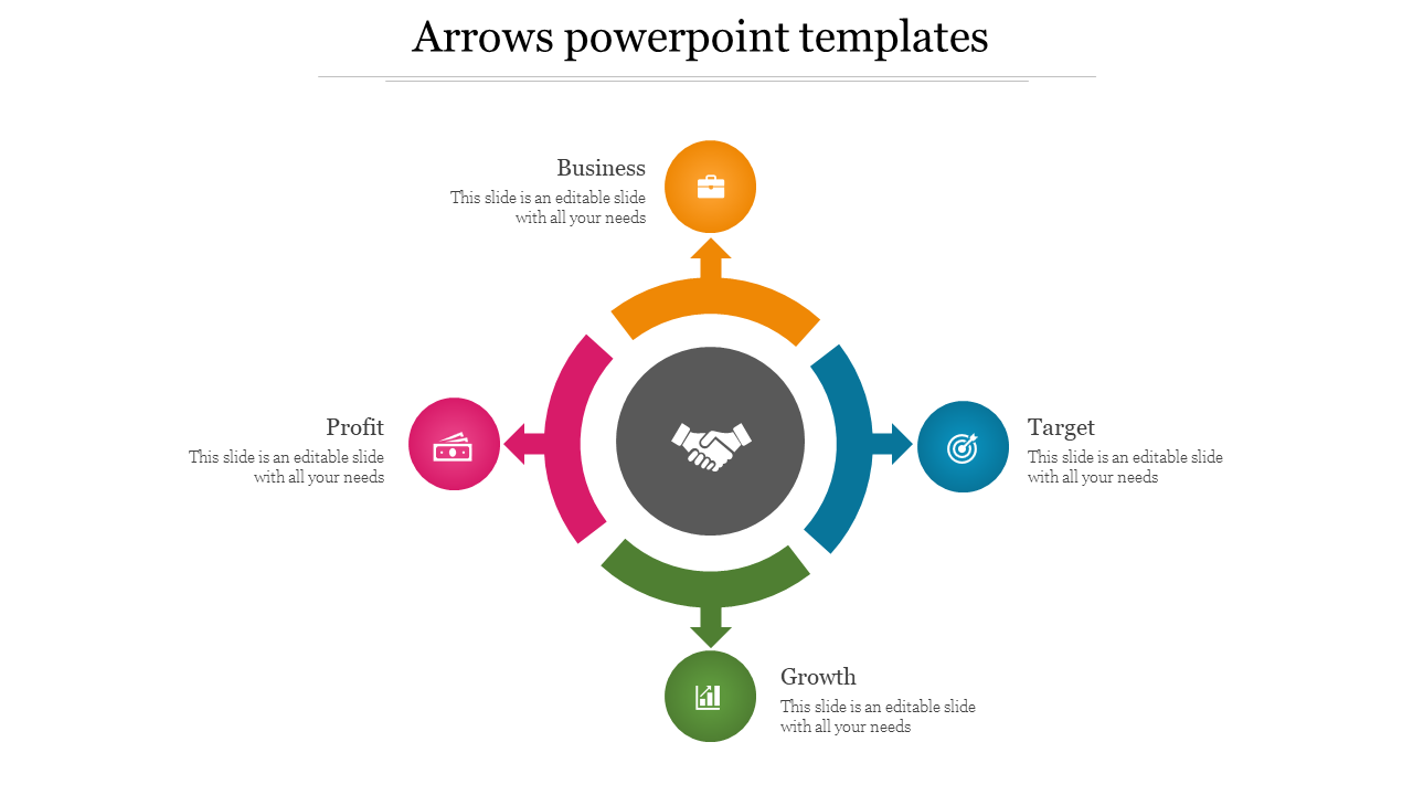 Circular layout with arrows pointing to icons in pink, orange, blue, and green, surrounding a handshake icon.