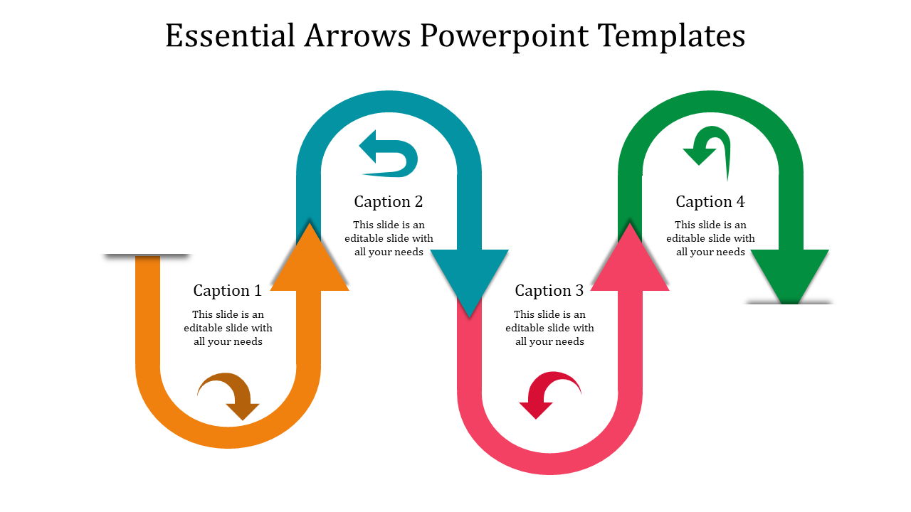 Diagram of arrows forming a sequence in orange, teal, pink, and green with placeholder text areas.