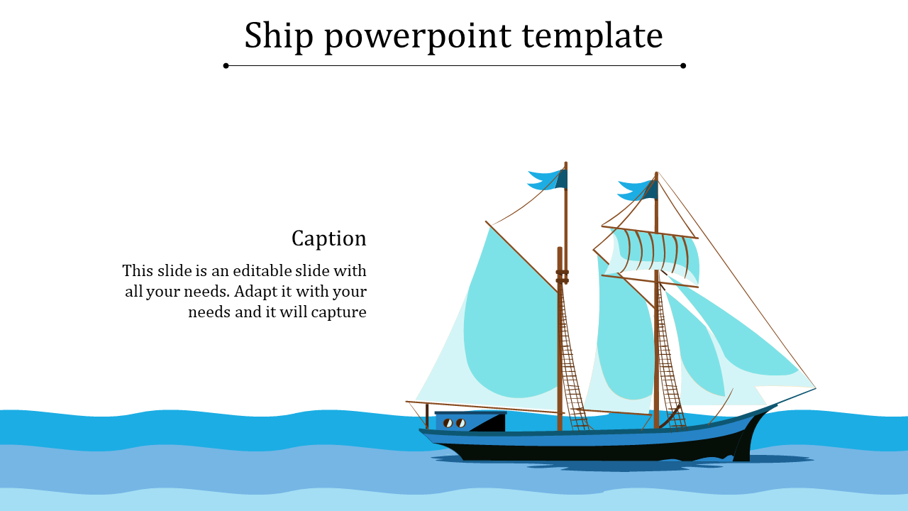 Illustration of a sailing ship with blue sails on calm ocean waves with placeholder text areas in a white backdrop.