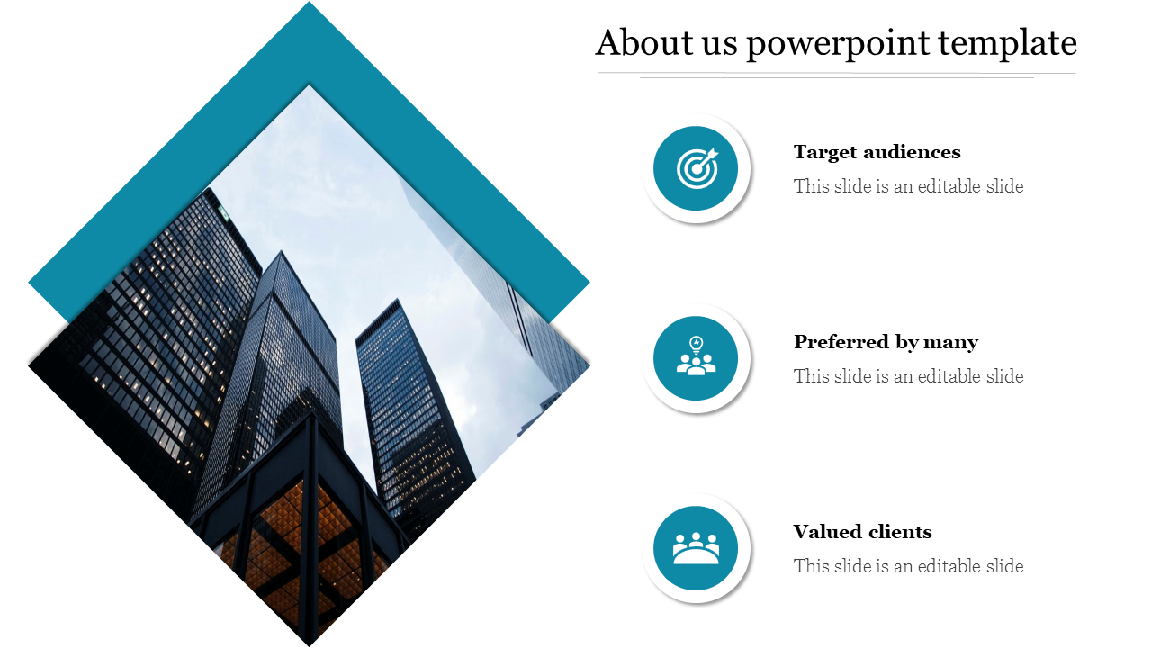 About Us slide with a skyscraper in a diamond frame and icons for target audience, preference, and clients.