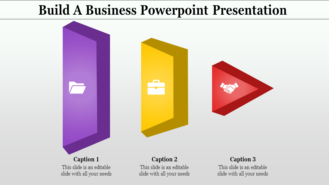 Business slide featuring purple, yellow, and red shapes with folder, briefcase, and handshake icons alongside captions.