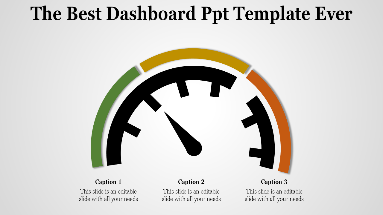 Speedometer style dashboard template with green, yellow, and red zones for progress tracking with captions.