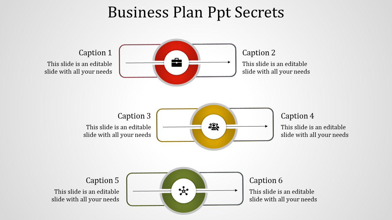 Business plan PPT slide with six interconnected captions and colorful circular icons.