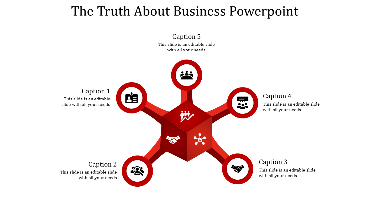 Business PowerPoint template with a central cube and five surrounding icons for various topics with captions.