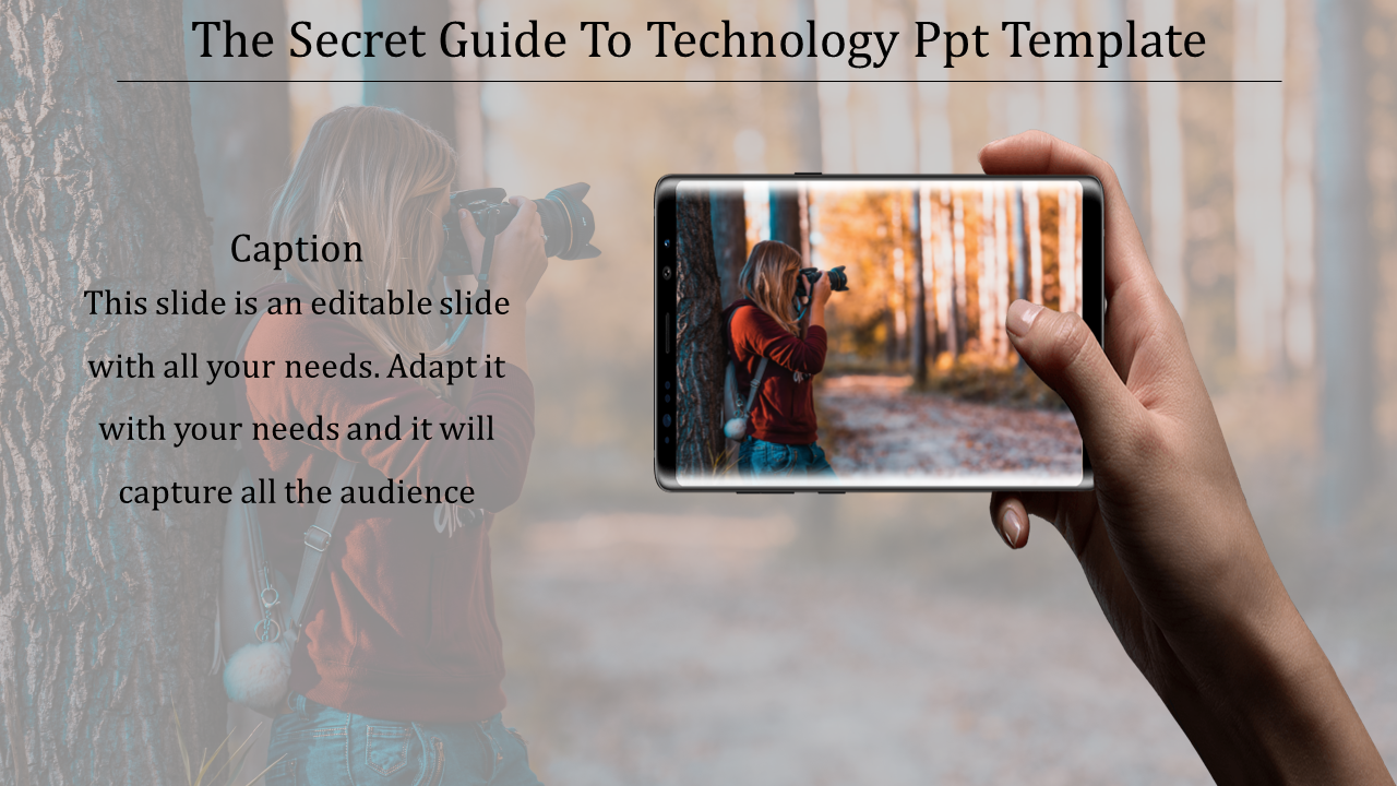 Hand holding a phone displaying a woman taking a photo in a forest with a blurred background and caption on the left.