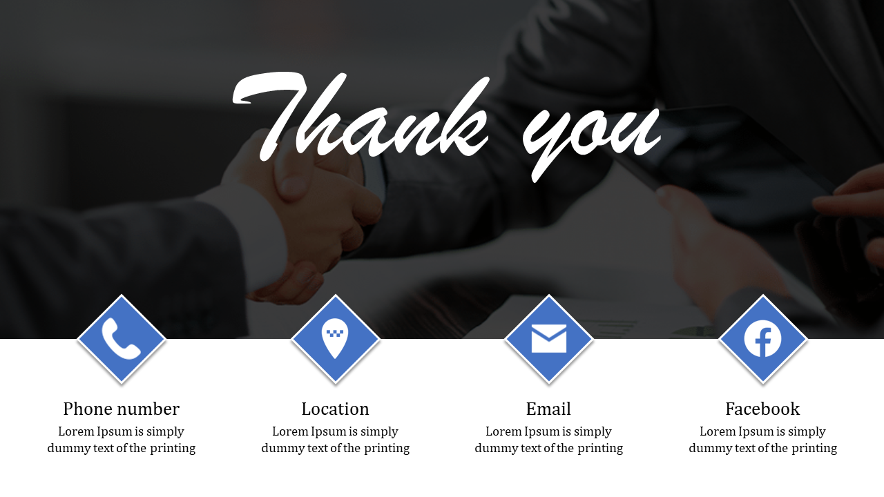 Thank you slide featuring a handshake background, with contact details, and displayed with icons below.