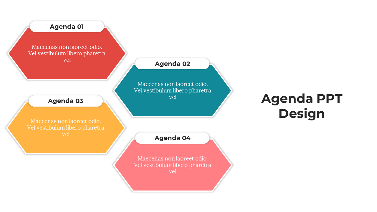 Colorful agenda PowerPoint slide featuring four hexagonal sections with titles and descriptions.