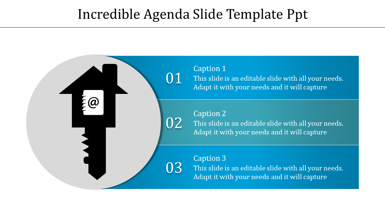 Agenda PowerPoint template featuring a key and house symbol with captions.