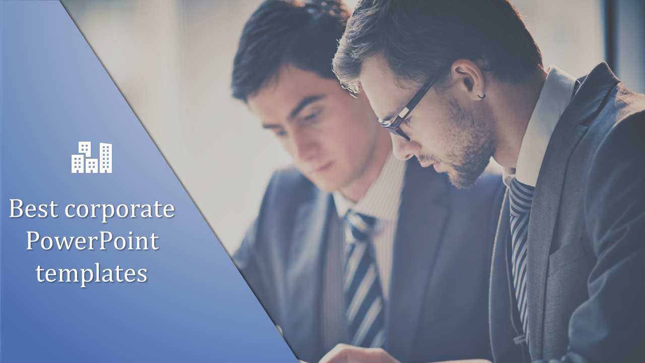 Businessmen in suits working together with a blue background featuring the text best corporate PowerPoint slide.