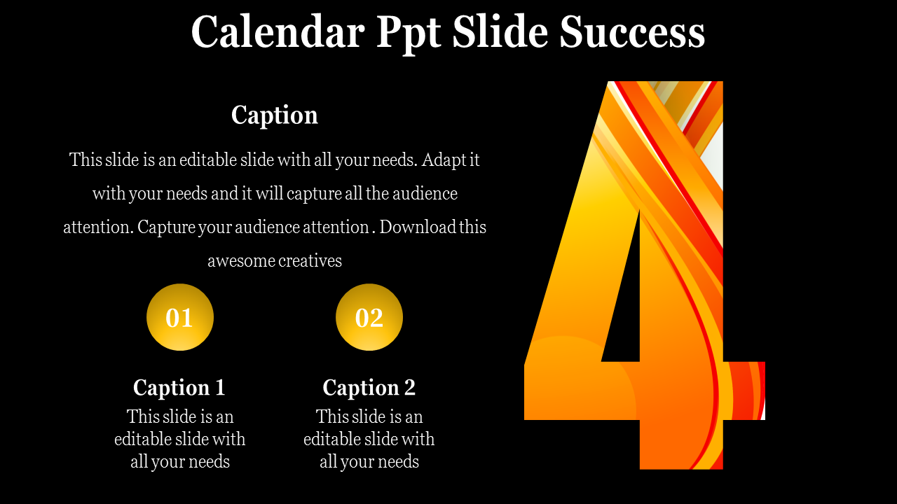 Slide with a bold orange number 4 on a black background, descriptive text, and yellow circular icons labeled 01 and 02.