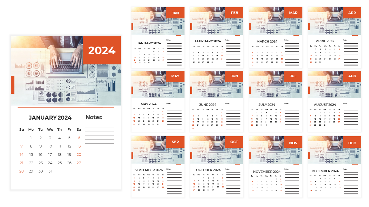 A full calendar for 2024 with a notes section for each month, showing business themed graphics.