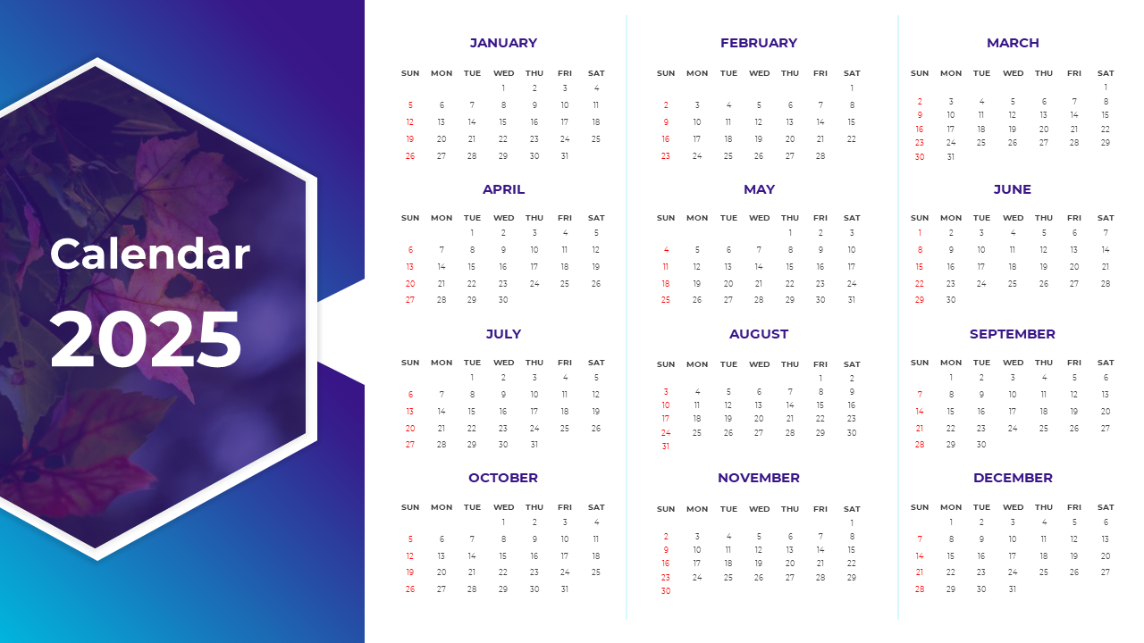 2025 calendar PowerPoint slide featuring monthly grids for the year, with a vibrant background of autumn leaves.