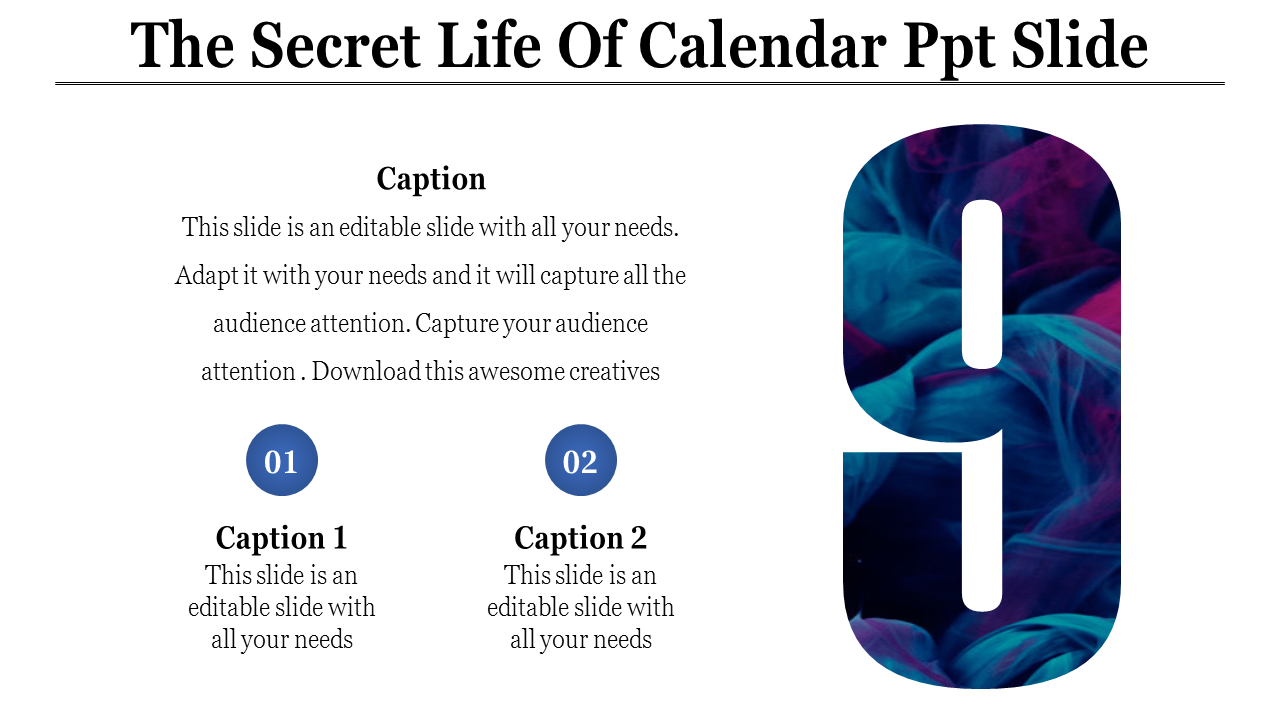 A calendar themed PowerPoint slide with a large number 9 filled with blue and purple swirls with text captions.