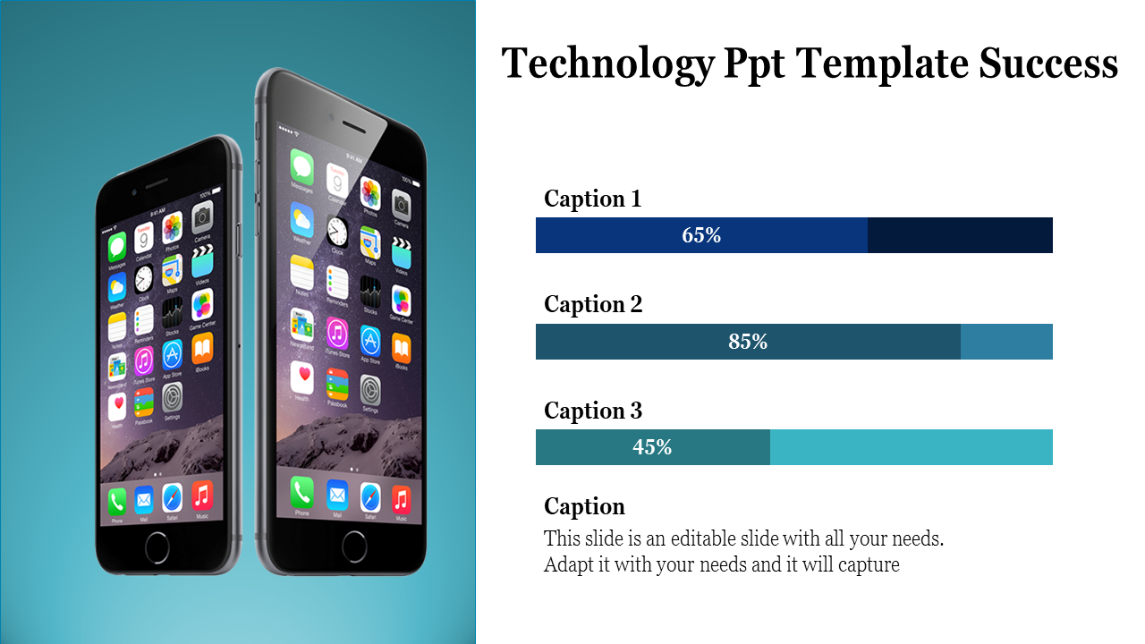 Technology slide highlighting smartphones and horizontal progress indicators with captions areas in a white backdrop.