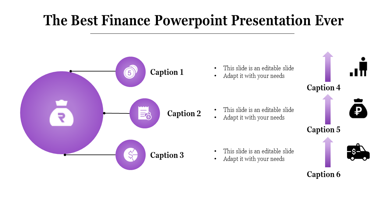 Finance PowerPoint slide with icons representing money, growth, and finance tools, connected in a circular flow.