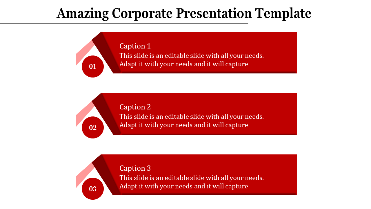 Corporate presentation template with three red caption boxes numbered 01 to 03, arranged vertically with descriptive text.