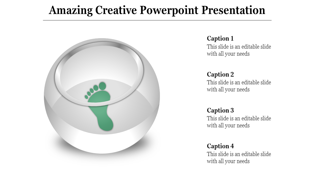 Creative PowerPoint template featuring a footprint design in a crystal ball with multiple captions.