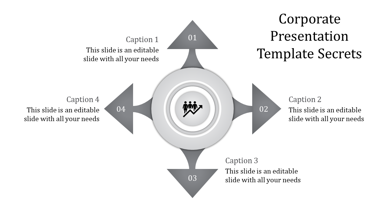 Corporate presentation template featuring a central icon with arrows pointing to four stages, each with captions.