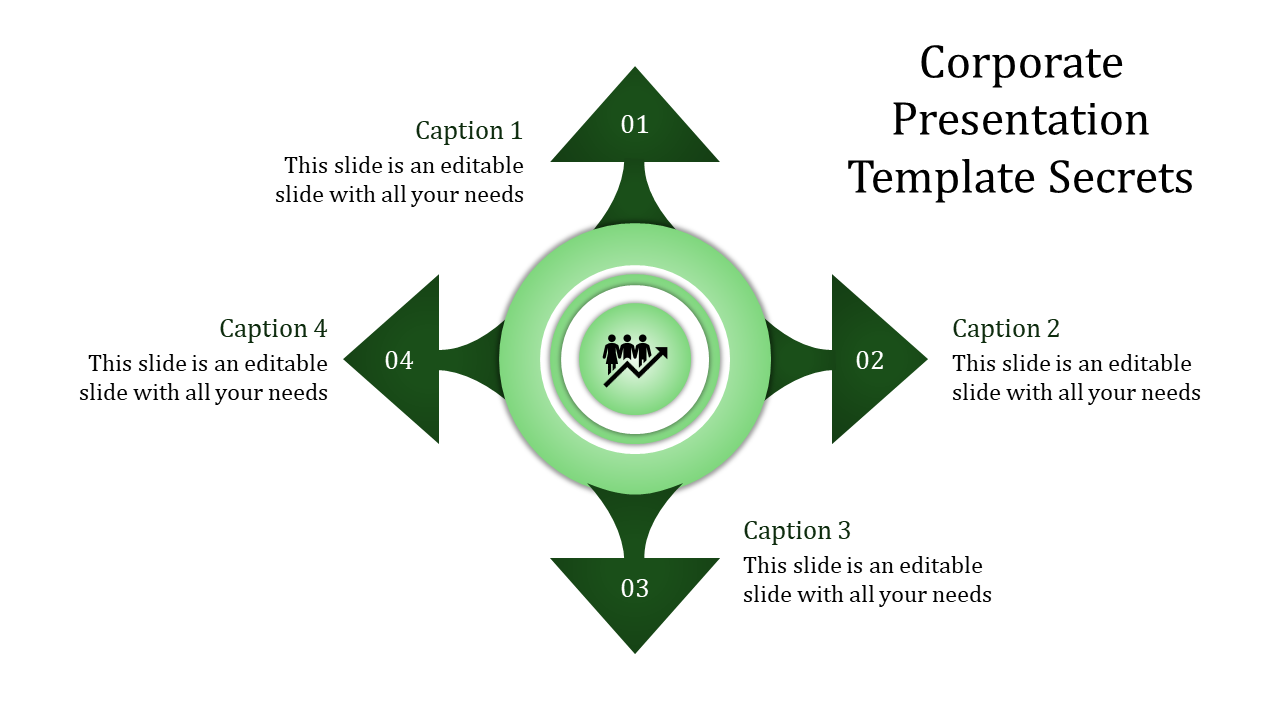  A central circle symbolizing growth on a corporate design slide with four outward-pointing green arrows. 