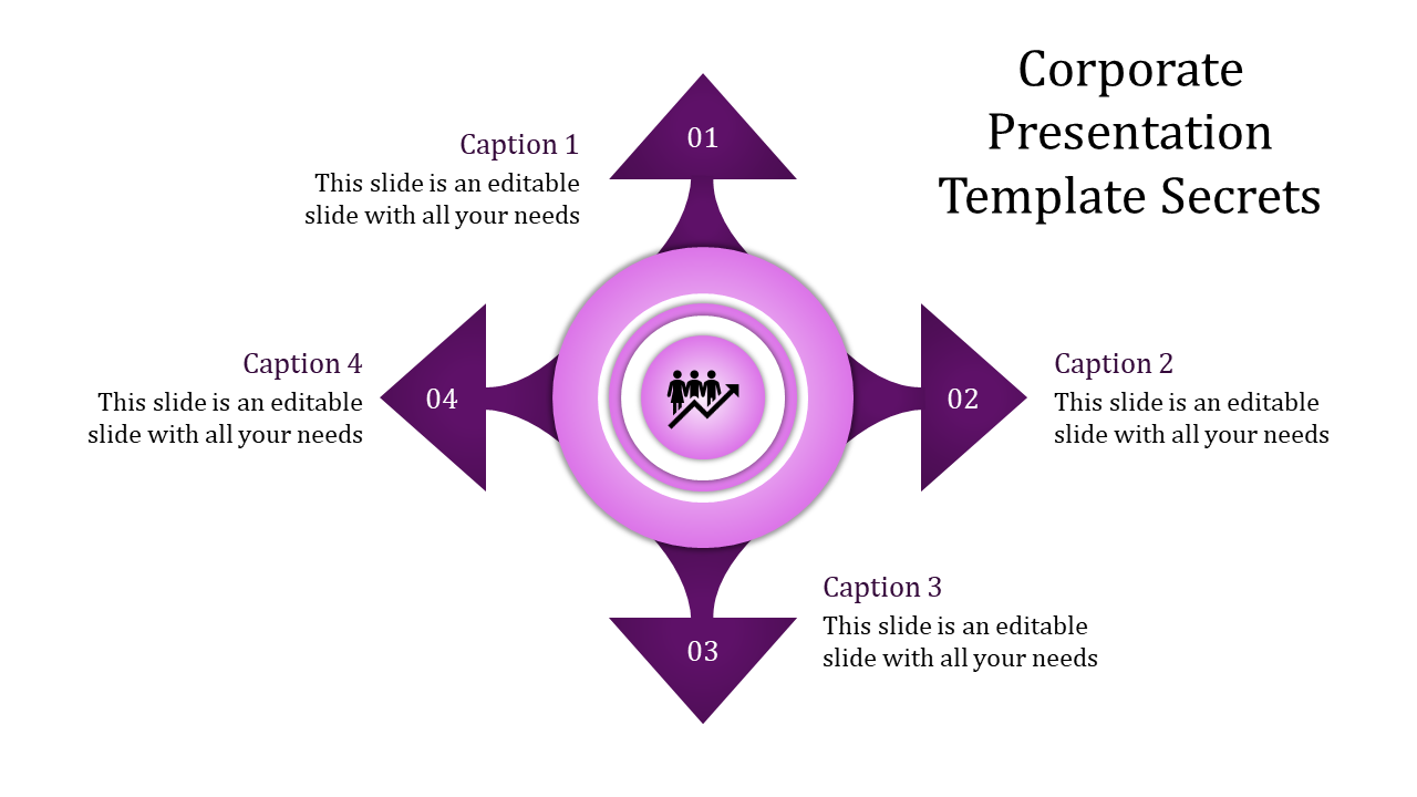 A purple, orange, green, and pink arrow design with central icon, showcasing a corporate template. 