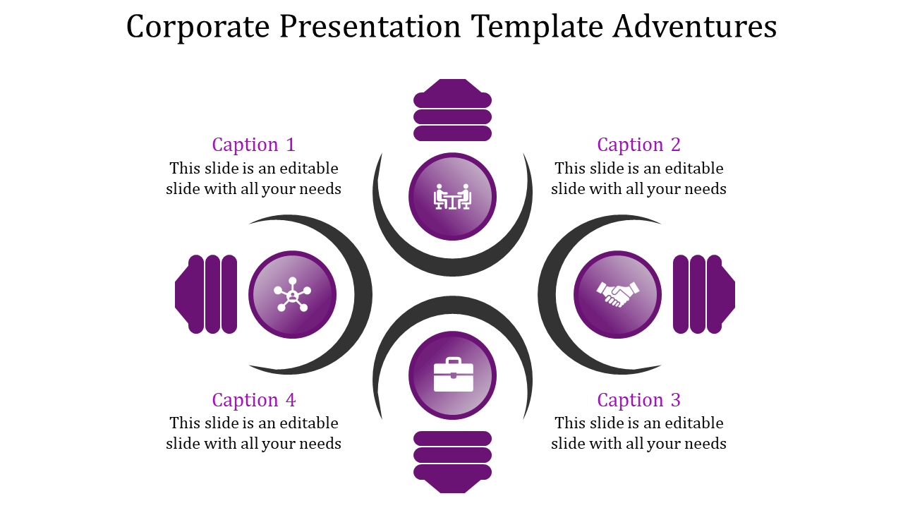 Corporate PPT slide with four purple circles and icons representing different business concepts, surrounded by curved arrows.