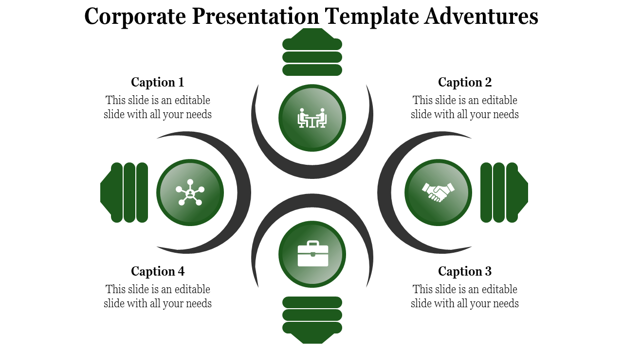 Corporate template featuring green circles and icons for teamwork, business, networking, and partnerships.