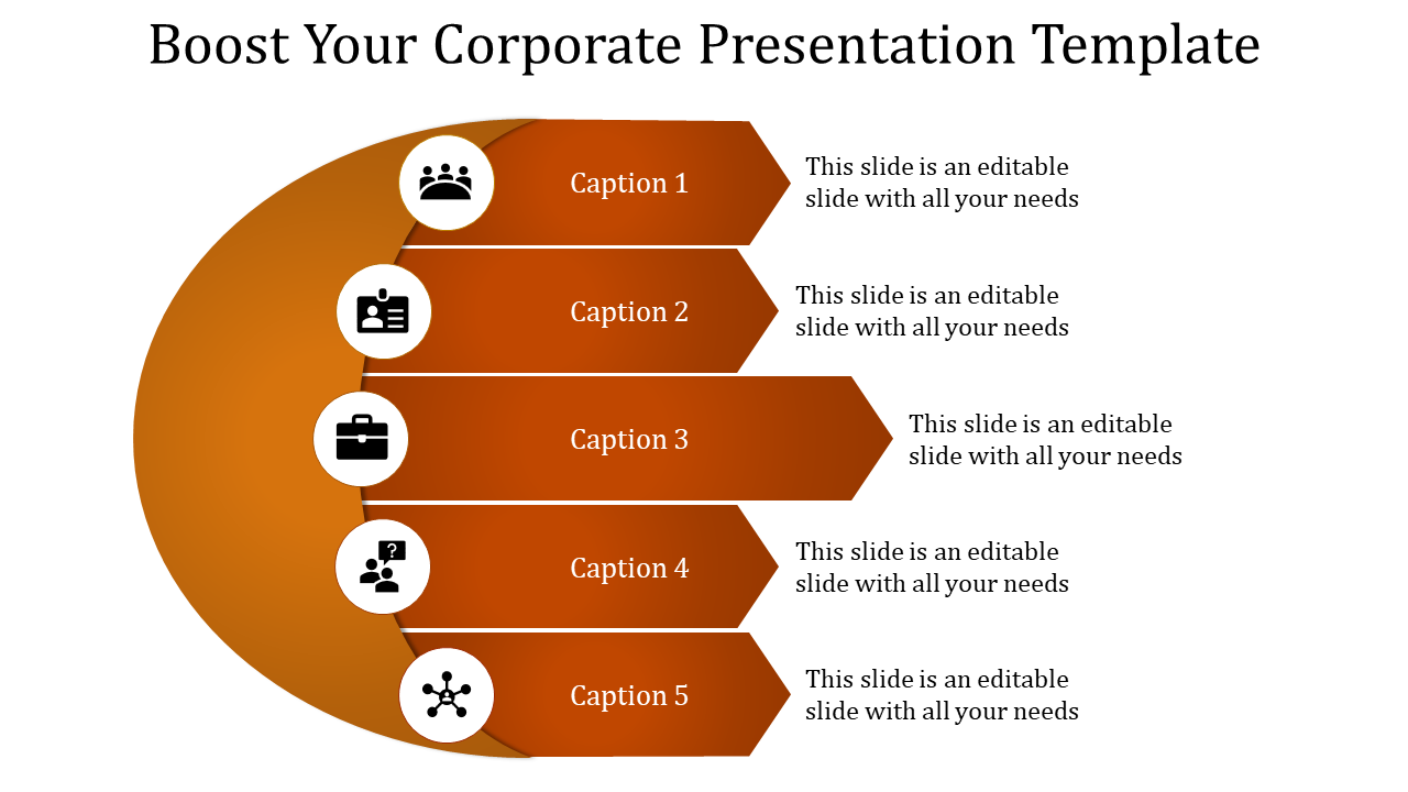 Corporate-themed slide with five orange segments aligned vertically, each containing an icon and customizable captions.