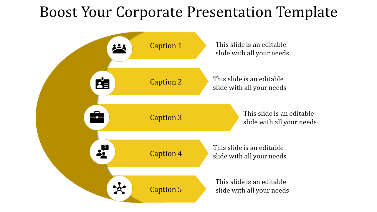 Corporate  slide with a gold gradient background featuring five yellow arrow segments with icons and caption areas. 